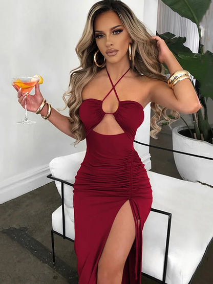 Sleeveless Sexy Female Midi Backless Dresses Slim Night Club Party Women's Dress Bodycon Vestidos Elegantes Para Mujer Claret