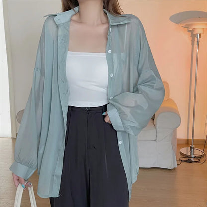 Semi Sheer Long Sleeve Shirt for Women Shimmer Button Down Collared Plain Lightweight Shirt Spring Summer Chic Tops Outfit Light Green One Size