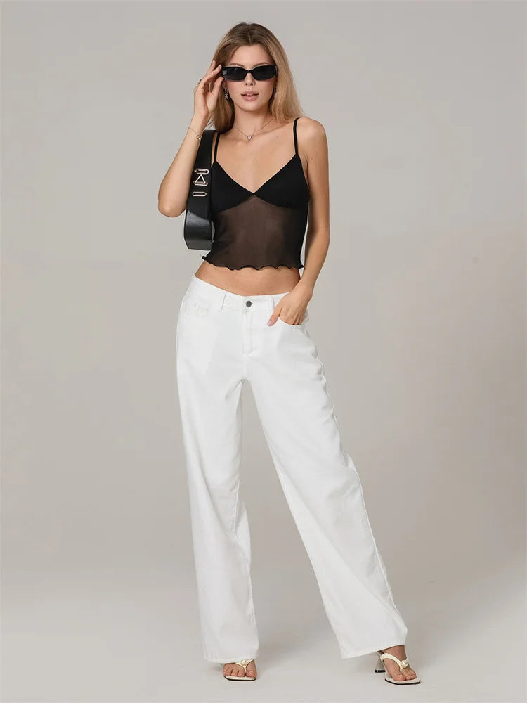 Women Camisole Tops Spaghetti Straps Tulle Patchwork Slim Fit Tank Tops Party Club Sexy Vinateg Corset Cropped Top Summer