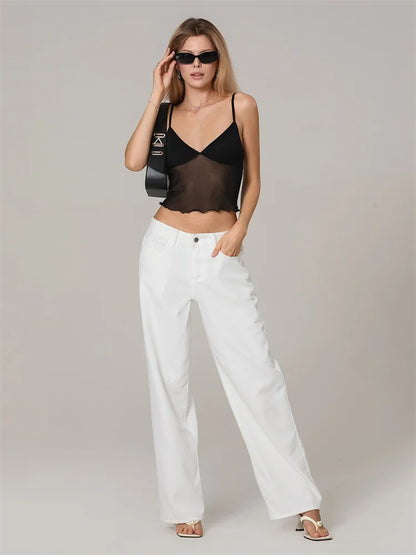 Women Camisole Tops Spaghetti Straps Tulle Patchwork Slim Fit Tank Tops Party Club Sexy Vinateg Corset Cropped Top Summer