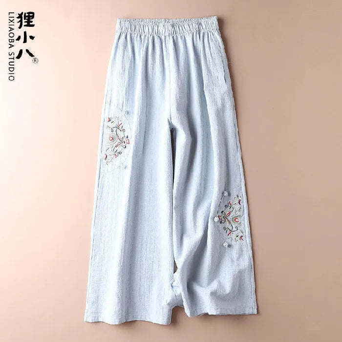 Summer Cotton Linen Cropped Pants Women Casual Thin Vintage Ethnic Bottom Embroidered Wide Leg Pants Woman Clothes Trousers Light Blue