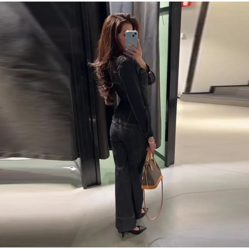 Street Vintage Denim Pants Sets Women Slim Long Sleeve Lapel Single Breasted Jacket Straight Trousers 2025 Autumn Lady Outfits