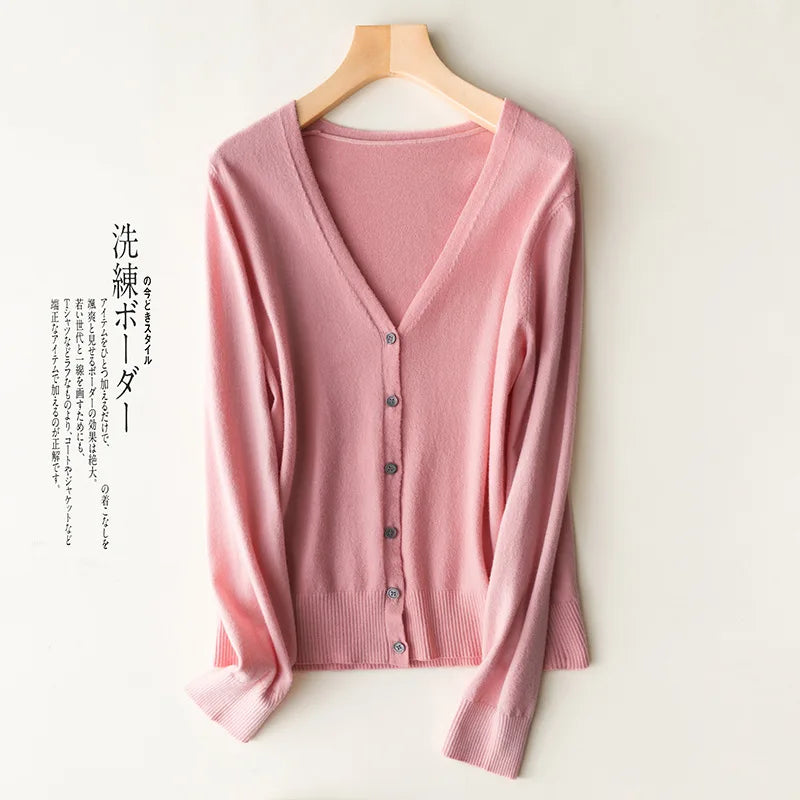 Women Cardigans 2025 Single Breasted Solid Knitted Shirt Spring Autumn Cardigan Korean Fashion V-neck Sweaters Knit Outerwear Pink