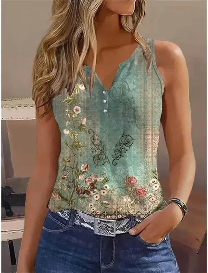 2024 New Casual Small Vest T-shirt Suspenders Woman Clothes Fashion V-neck Painted Grace Top Ladies Tank Top Camisole for Summer
