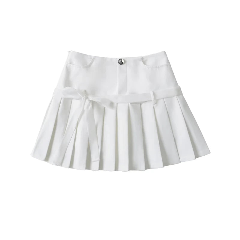 Women's Y2k A-line Pleated Skirt Vintage Plaid Mini Skirt Harajuku Korean Elegant Preppy Style Bow Skirts 2000s Clothes Summer White