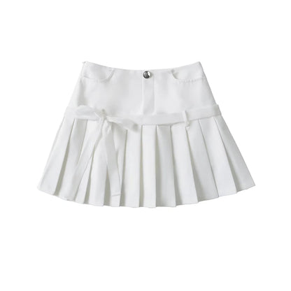 Women's Y2k A-line Pleated Skirt Vintage Plaid Mini Skirt Harajuku Korean Elegant Preppy Style Bow Skirts 2000s Clothes Summer White