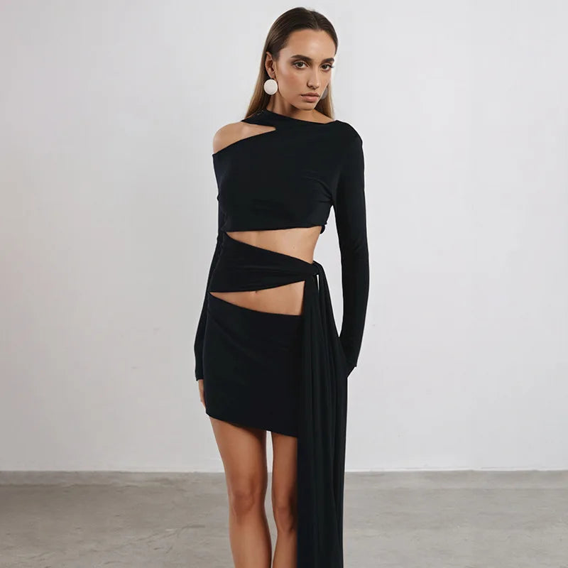 Nsauye Women New Fashion Halter Long Sleeve Mini Hollow Out Irregular Dress Outfits Elegant Sexy Night Club Lace Up Party Dress