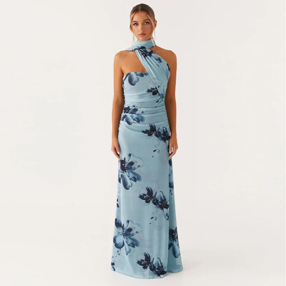 Elegant Floral Print Maxi Dress Backless Sleeveless Long Robes High Waist Slimming Dresses 2025 New Lady Vacation Beach Clothing Beige M