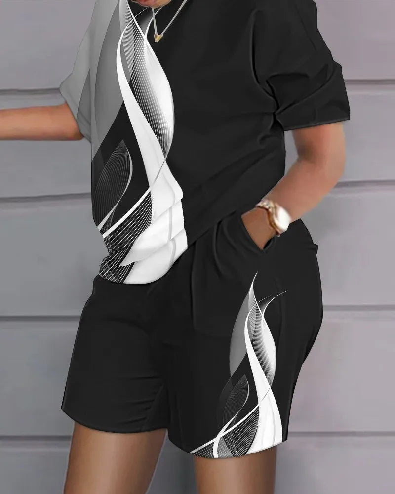 Women's T-shirt+Hot Pants Two Piece Set 2024 Summer Fashion Casual Printing Quick Drying Sports Fitness Top Shorts Female Suit