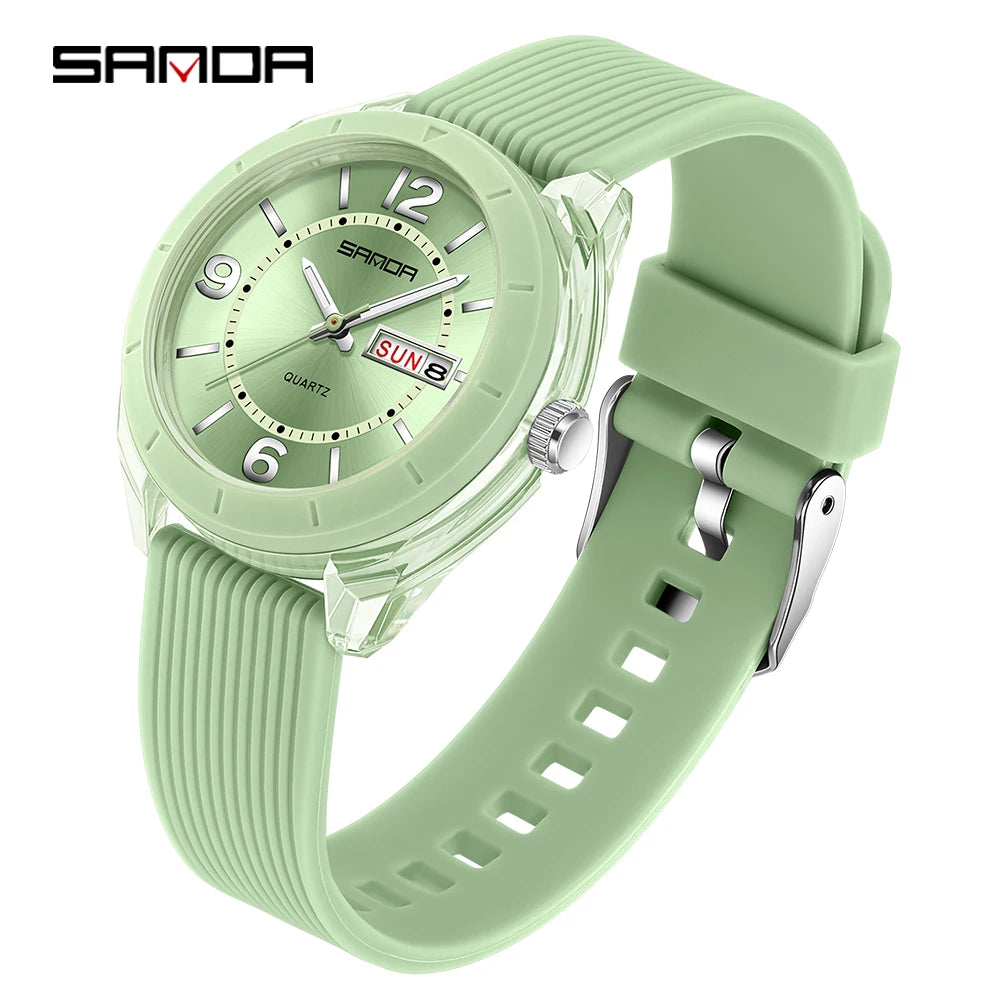 SANDA Quartz Watch for Women Waterproof Auto Date Week Elegant Luxury Ladies Wristwatch Waterproof Analog Women's Watches green
