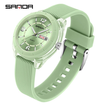 SANDA Quartz Watch for Women Waterproof Auto Date Week Elegant Luxury Ladies Wristwatch Waterproof Analog Women's Watches green