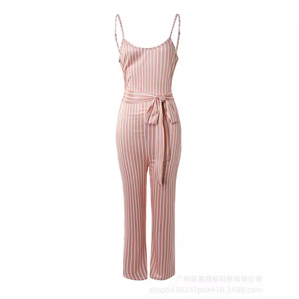 Women's Jumpsuit 2024 Summer Elegant Casual Striped Printed Spaghetti Strap Tie Details Mid Waisted Tight Fit Cropped Jumpsuit