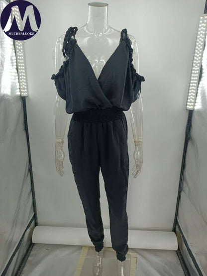 Jumpsuit Woman Summer New Elegant V Neck Pocket Elastic Waist Jumpsuits Fashionable Casual Loose Women's Clothing Jumpsuits