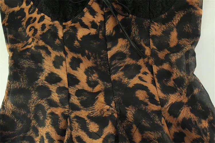 Ahagaga Sexy Leopard Women's Mini Dresses Camisole Sleeveless V-Neck Slim Fit Lace Bows Blackless Streetwear Bodycon Vestidos