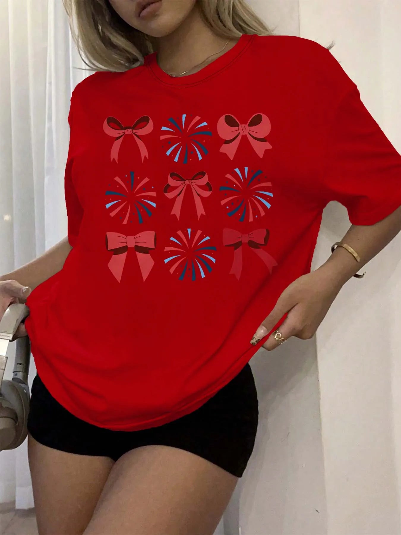 Plus Size Festive Bow And Firework Graphic Tee Elegant Celebration Inspired Top For Stylish Occasions Red
