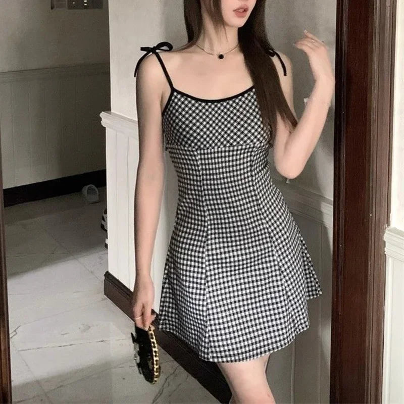 Summer Girls Sweet Red Plaid Slip Dress Lady Korean Designer Bowknots Slim Fit Skirts Female Beach Vacation A-line Short Dress Black Plaid