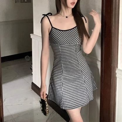 Summer Girls Sweet Red Plaid Slip Dress Lady Korean Designer Bowknots Slim Fit Skirts Female Beach Vacation A-line Short Dress Black Plaid