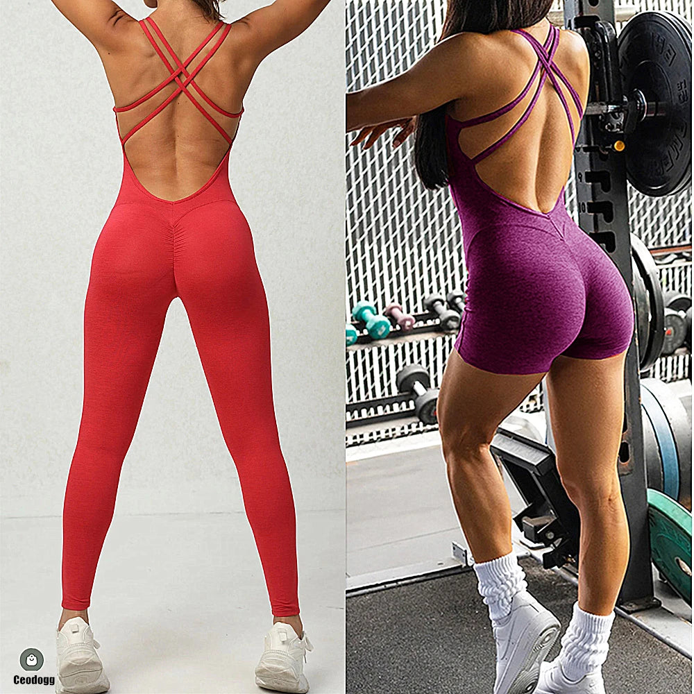 Pad Cross Back Women 2025 Fitness Gym One Piece Jumpsuit Leggings Workout Pant Female Shorts Active Wear Sport Outfit Suit XP116 Badiee Stylez