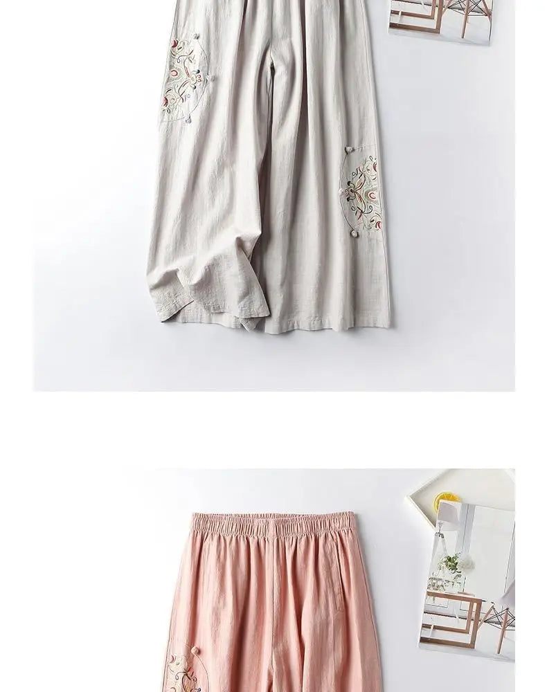 Summer Cotton Linen Cropped Pants Women Casual Thin Vintage Ethnic Bottom Embroidered Wide Leg Pants Woman Clothes Trousers
