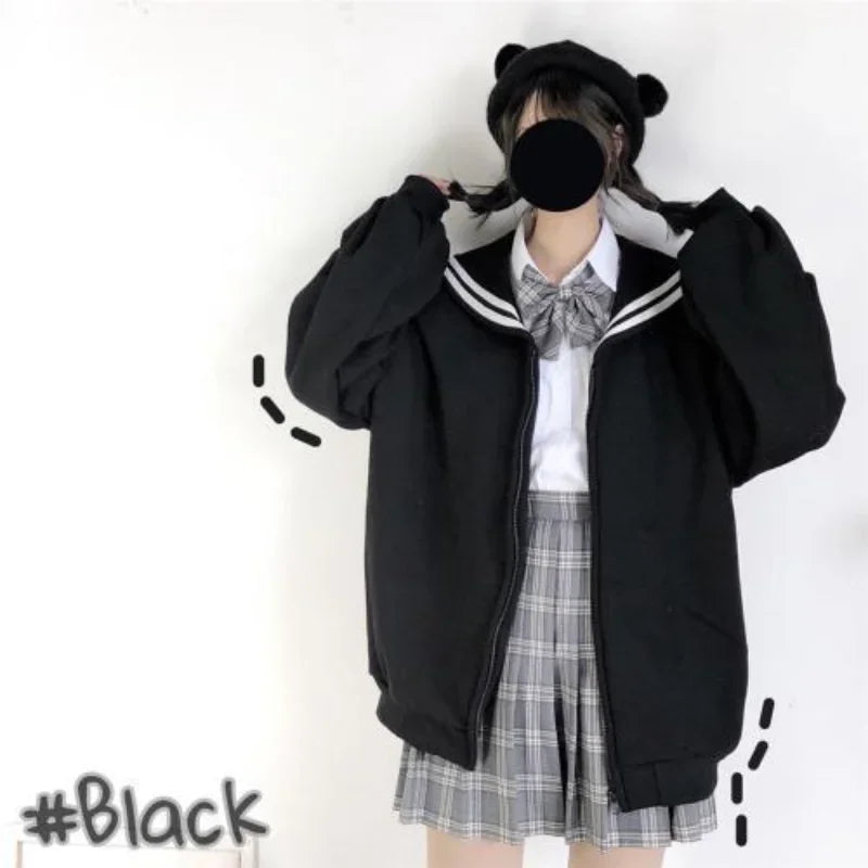 Deeptown Kawaii Zip Up Hoodies Black Japanese Preppy Style Sailor Collar Sweatshirts Sweet Lolita Coats Loose Cute Top Soft Girl