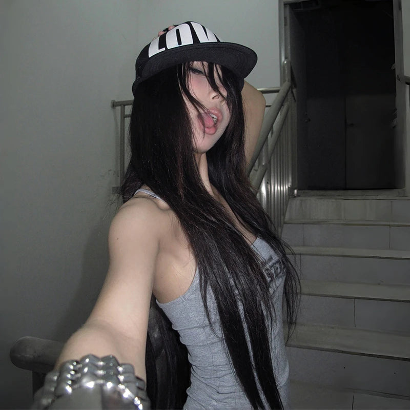 Karrcat Trashy 2000s Letter Print Tank Top Japanese Y2k Gray Camis Tops Grunge Aesthetics Sleeveless Crop Tops American Retro