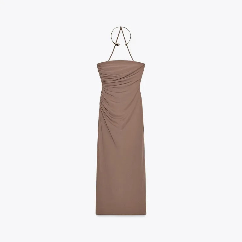Women's V-neck Sleeveless Backless Slim Fit Metal Halter Jumpsuit Sexy Hollow out Long Robe Party Dress New Tank Top 2025 Summer brown dress