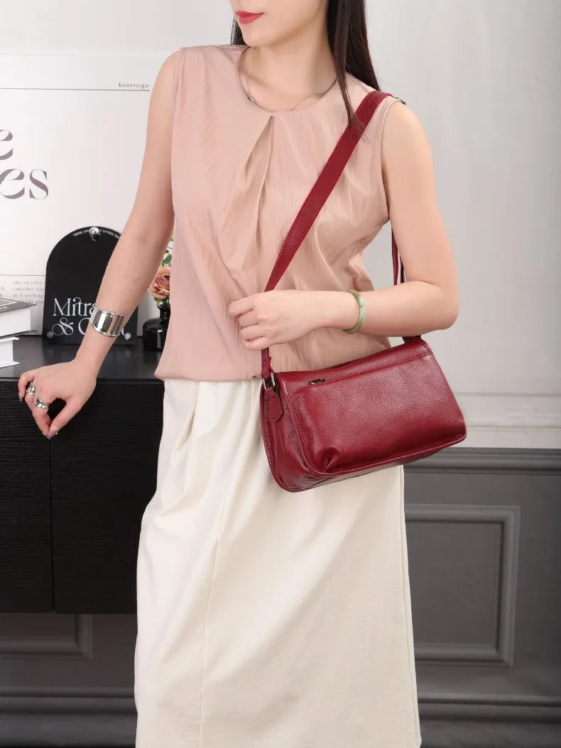 Women's Top-Grain Cowhide Leather Shoulder Bag Spacious Minimalist Crossbody for Effortless Commuting Tote with Adjustable Strap
