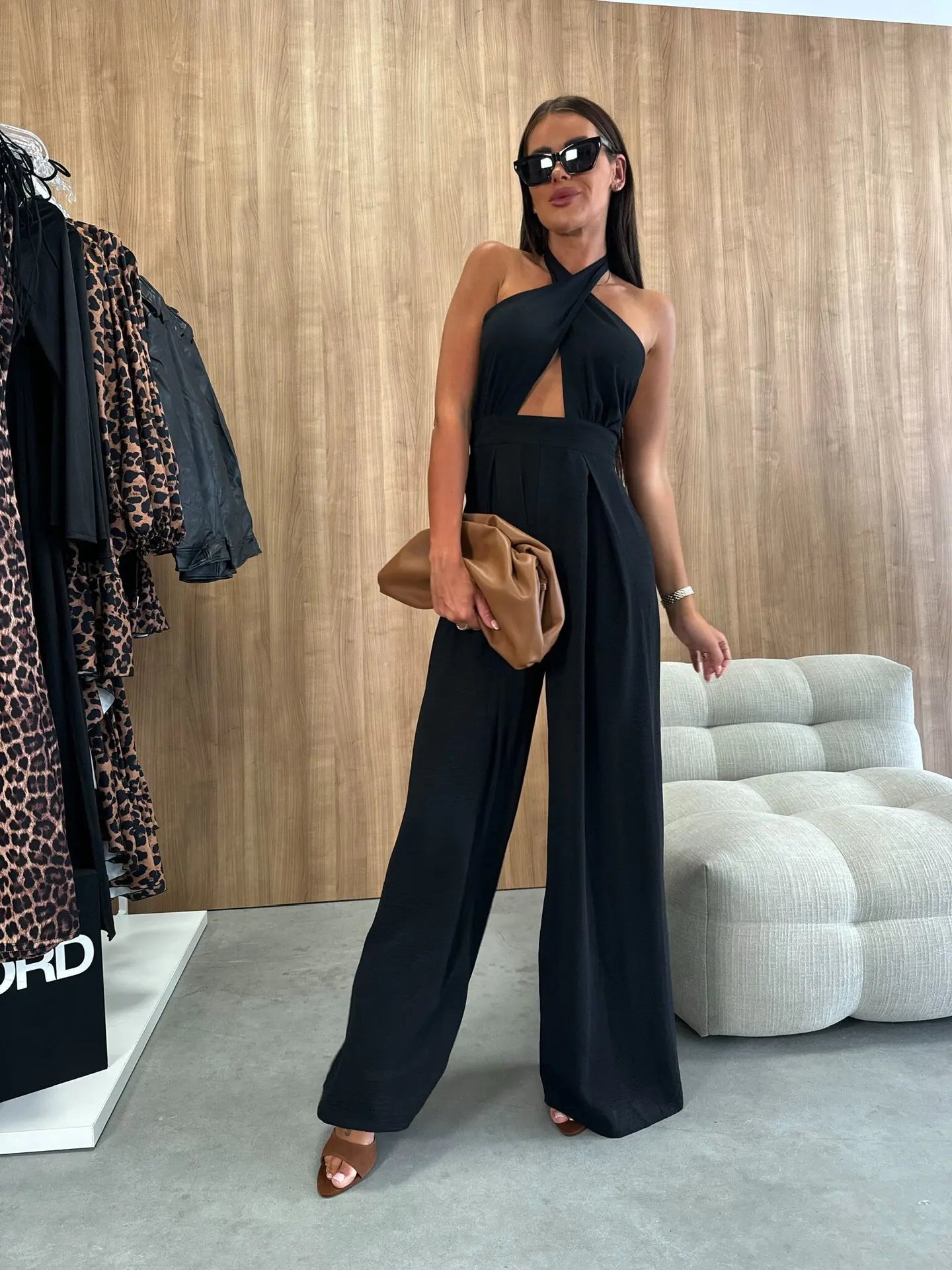 Sexy Solid Sleeveless Jumpsuit Spring Summer Fashion Commuter Women's Elegant Lapel Halter Neck Folds Wide Leg Trousers Jumpsuit Badiee Stylez
