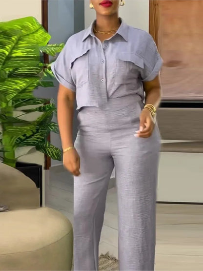 Women's Two Piece Sets Spring Summer Casual Solid Turn-down Neck Short Sleeve Loose Top & Wide Leg Pants Set Streetwear Outfits