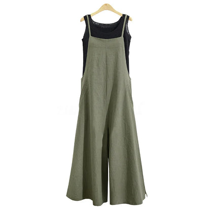 Women Straps Jumpsuit Summer Solid Color Wide Leg Pants Dungaree Bib Overalls Casual Loose Sleeveless Cotton Linen Jumpsuits 5Xl Badiee Stylez