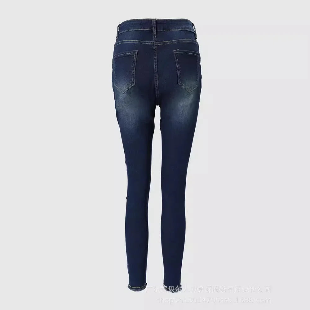 Women Spring Summer 2024 O-Ring Zipper Decor Skinny Jeans Denim Pants Trousers High Waist Jeans Ankle Length