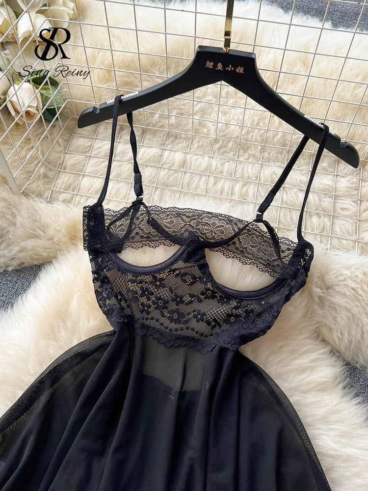 SINGREINY Transparent Lace Sexy Nightwear Sleeveless Slim Backless Short Dress Women Strap Floral Mesh Sheer Erotic Nightdress