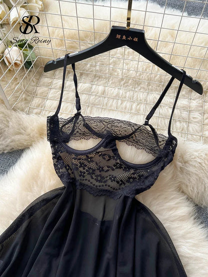 SINGREINY Transparent Lace Sexy Nightwear Sleeveless Slim Backless Short Dress Women Strap Floral Mesh Sheer Erotic Nightdress