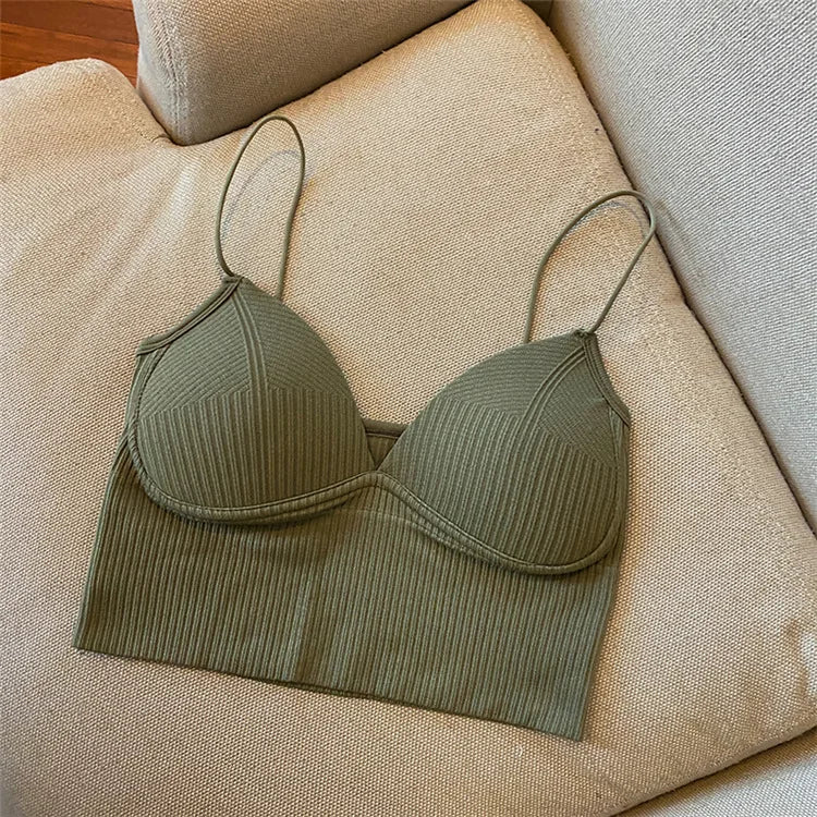V-Neck Camisole Women Sexy Stretch Push Up Bra with Chest Pads Knitted Crop Top for Female Short Tube Top Tops Bralette Y2k Style1 Green One Size