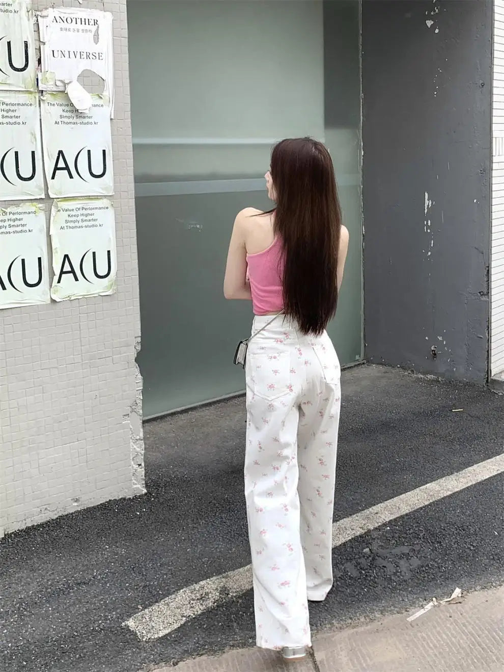 White floral straight jeans women's early autumn new thin loose high waist covered Joker slim casual wide-leg pants. jeans