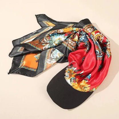 Outdoor Satin Silk Headscarf Hat with Brim 2-in-1 Sun Hat and Headband Elegant Printed Square Scarf Cap