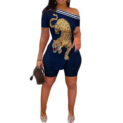 Print Two Piece Shorts Sets Women Skew Collar Short Sleeve Shirts Side Split Tops Pullover Elastic Waist Trousers Summer 2025 3