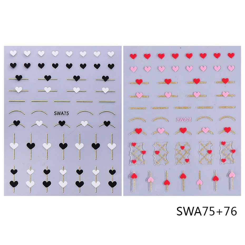 2pcs Black White Red Love Heart Nail Stickers Metallic Golden French Line 3D Adhesive Slider DIY Valentine Design Manicure Decor SWA75-76