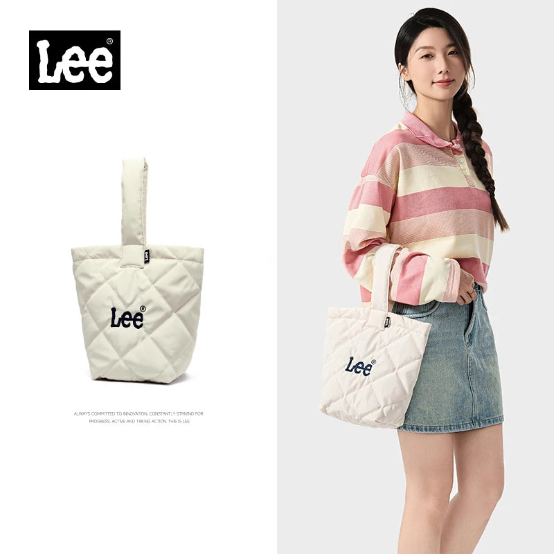 LEE Ladies Cute Design Puffer Bag Casual Soft Small Pink White Quilted Handbag Women Korean Style Down-filled Phone Bucket Bag