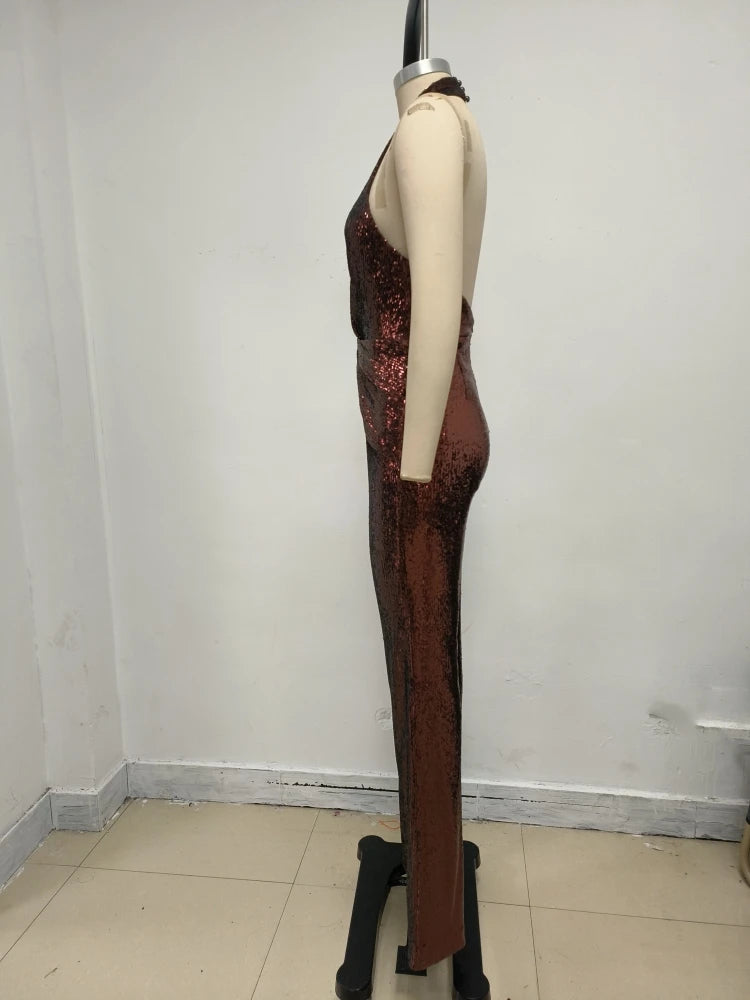 Women's Sleeveless Gold Sequin Jumpsuit Sexy V Neck Sparkle Sequined High Waist Wide Leg Pants Jumpsuit Celebrity Evening Party Badiee Stylez