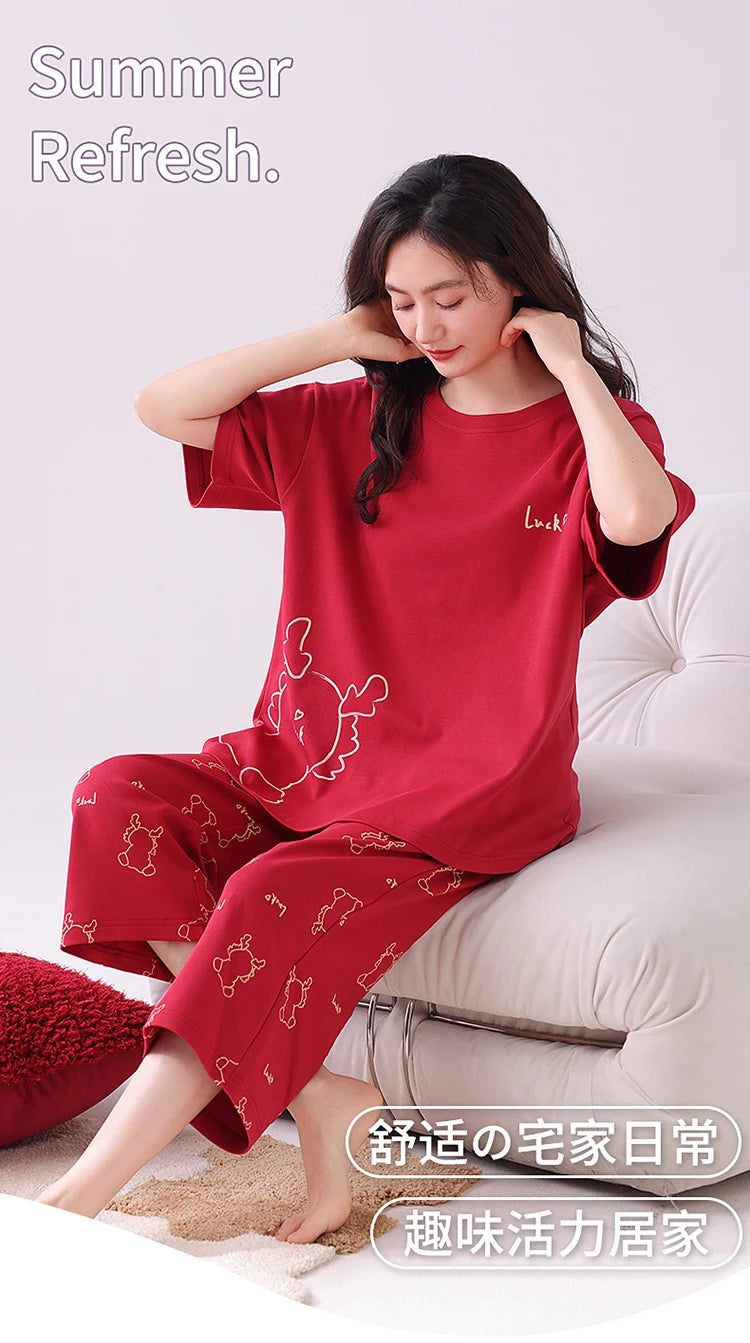 Newest Summer Casual Pajamas Set Women 100% Cotton Sleepwear Female Short Top+Calf-Length Pant Pyjamas