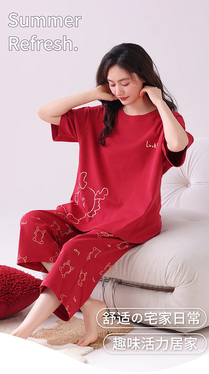 Newest Summer Casual Pajamas Set Women 100% Cotton Sleepwear Female Short Top+Calf-Length Pant Pyjamas