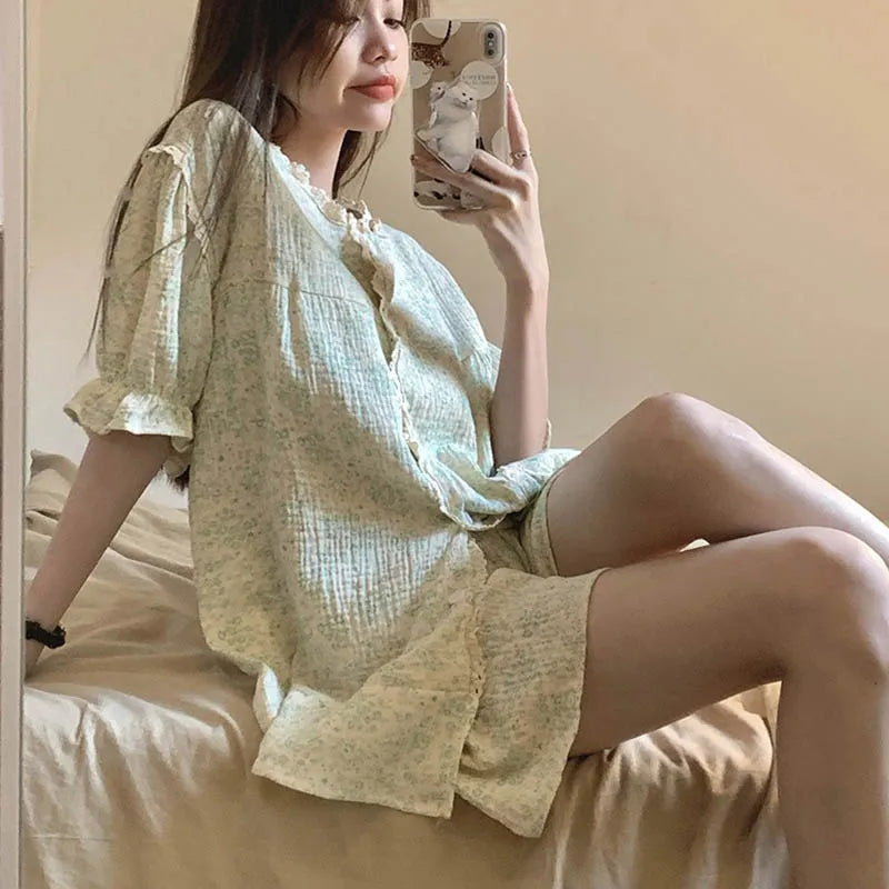 Ruffles Women Pajamas Sets for Home Summer Floral Sleepwear Shorts Sleeve Lace 2 Pieces Button Night Wears Korean Home Suit 2024