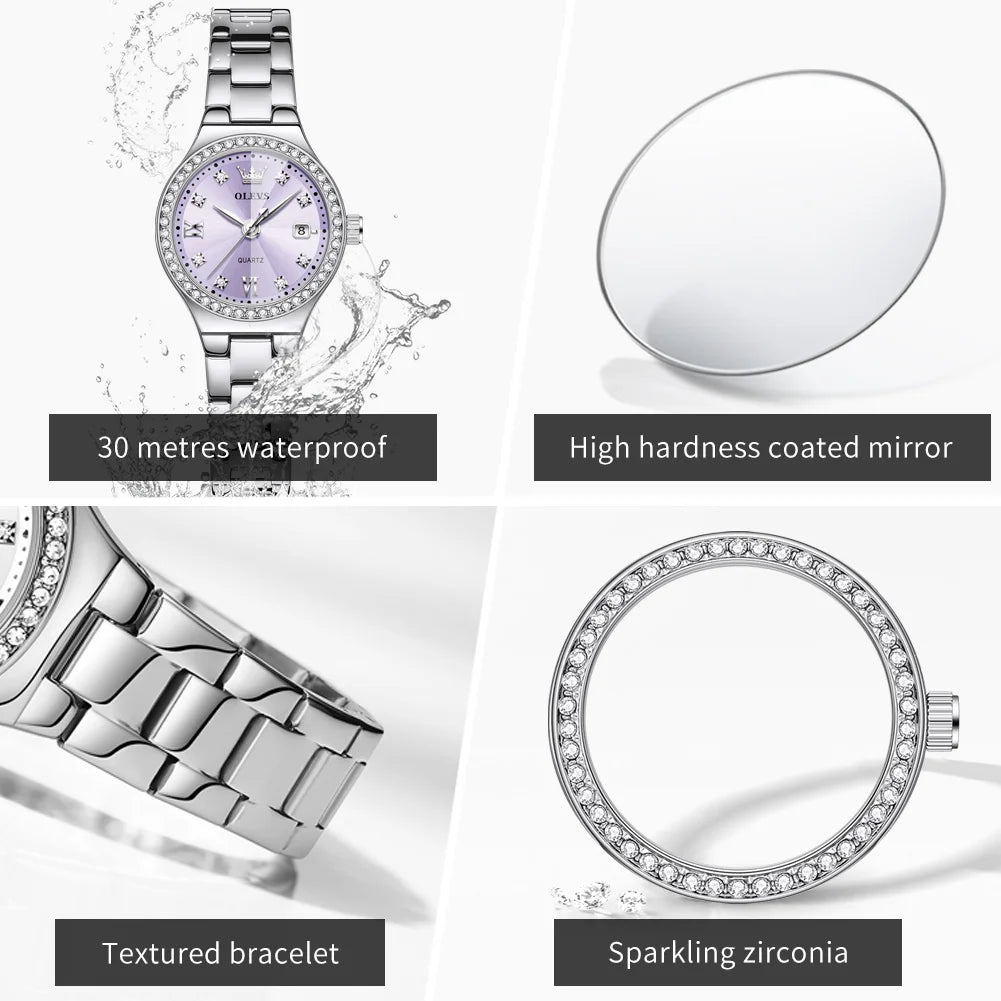 OLEVS 5628 Women Watch Luxury Elegant Quartz Watch Stainless Steel Waterproof Luminous Diamond Bezel Ladies Watch Bracelet Set
