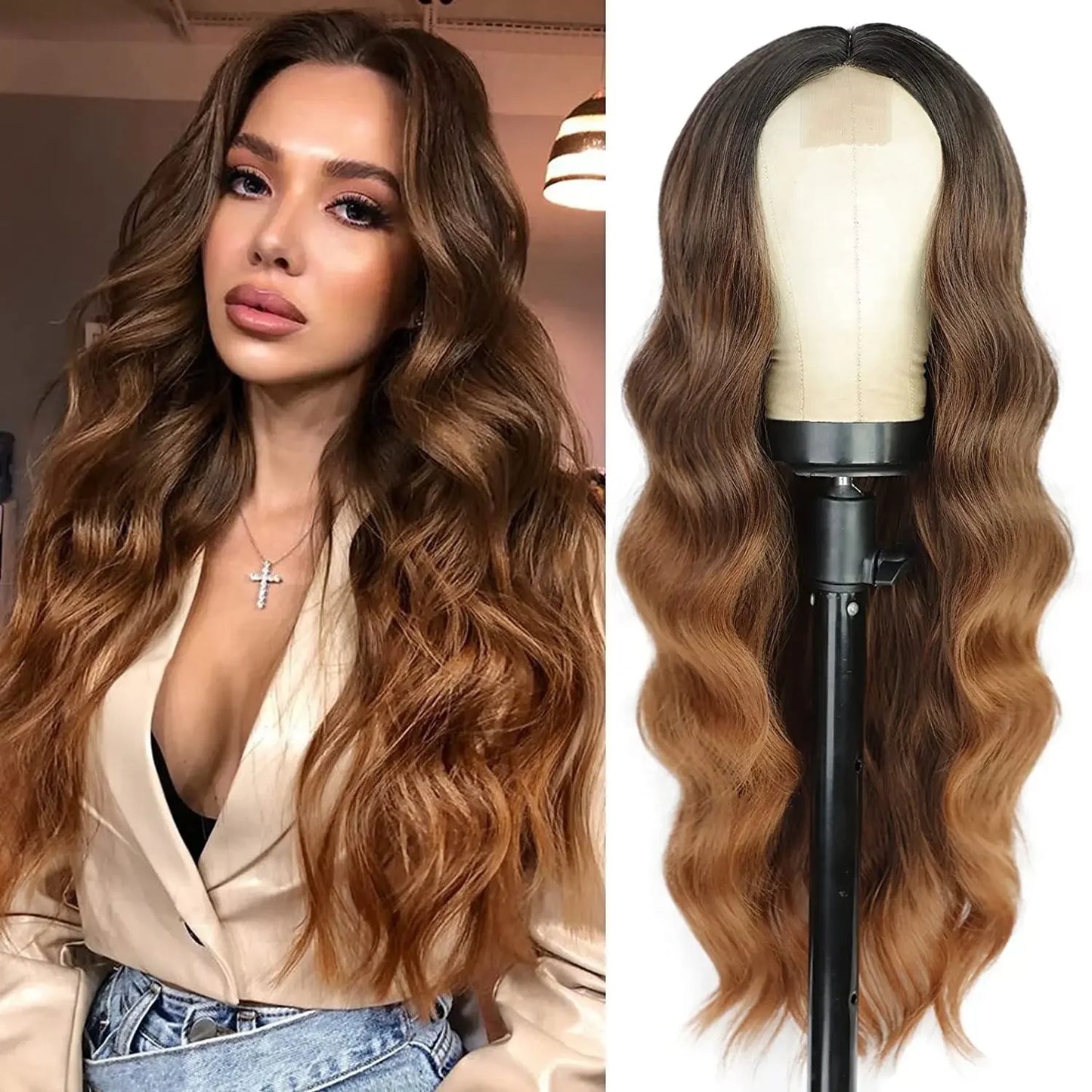 Synthetic Long Lace Wig Matte Silk Ombre Platinum Blonde Wavy Wig for Women 26 Inch Curly Middle Part Extension for Daily Ombre-Orange 26inches