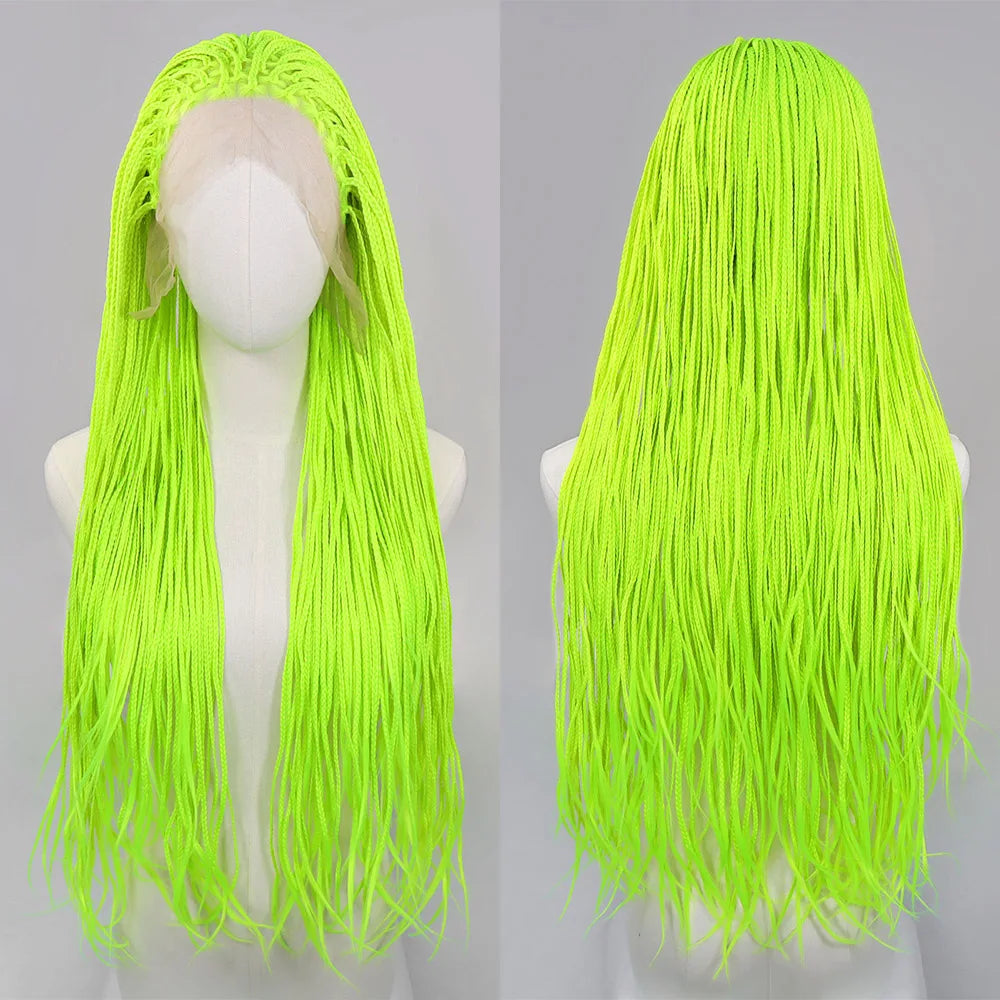 Ombre Blue Box Braided Wigs for Women 26inch Knotless Goddess Box Braid Lace Front Wig Colored Crochet Braid Synthetic Wig Fluorescent Yellow 26inches 13x3 Lace Front