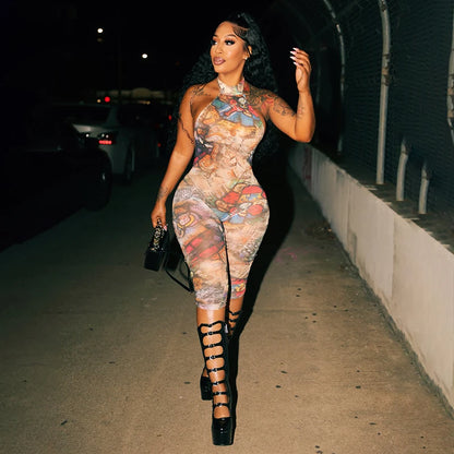 CUTENOVA Women'S Full-Body Printed Hanging Neck Big Backless Skinny Five-Point Jumpsuit Sexy Fashion Street Trend Jumpsuit