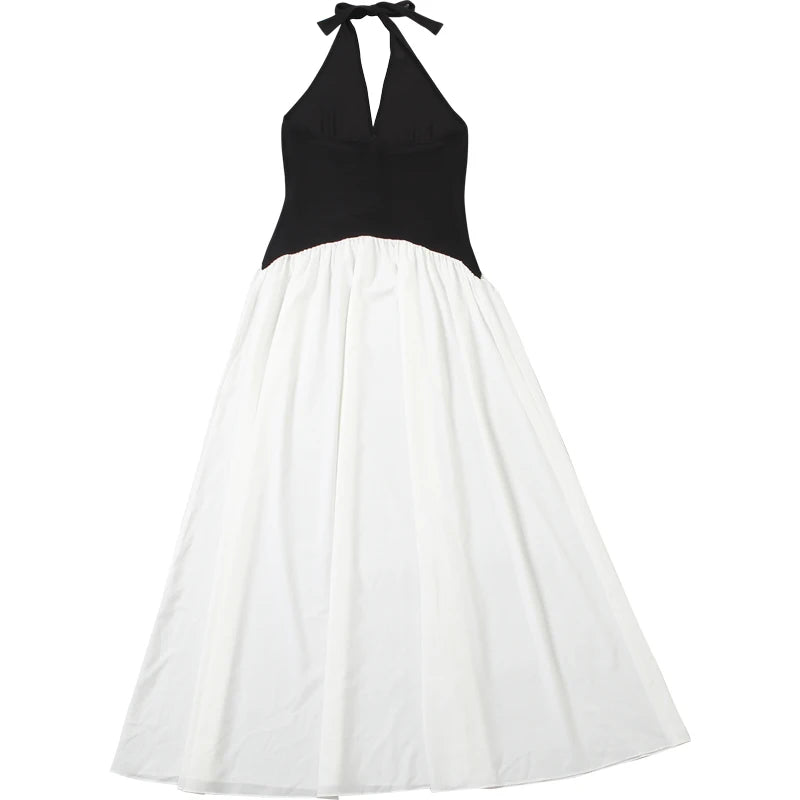 Patchwork Stripe Button Elegant Stretch Skinny French Maxi Bodycon Sexy Halter Dress Women Backless Low Chest Lace-Up Overalls