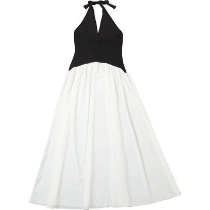 Patchwork Stripe Button Elegant Stretch Skinny French Maxi Bodycon Sexy Halter Dress Women Backless Low Chest Lace-Up Overalls