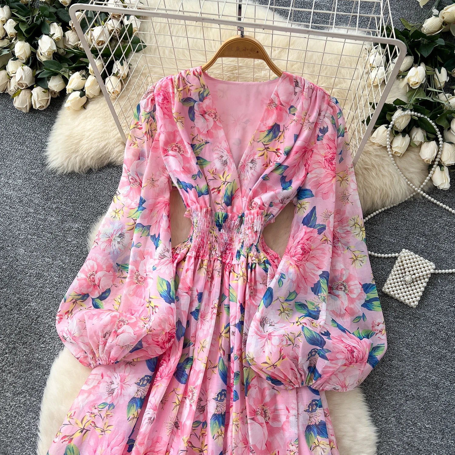 Chic vintage long sleeve lantern sleeve V-neck print pleated Elegant Fairy korean dress women clothing Long dress